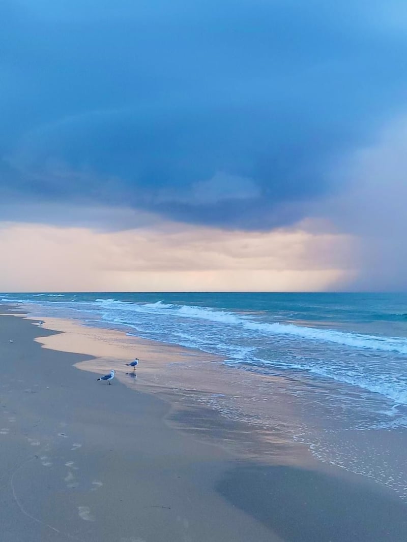 A beach with waves crashing against the shore on a cloudy day.
