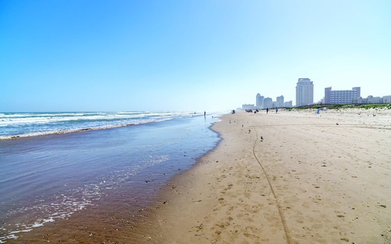 A beach with a city in the background on a sunny day